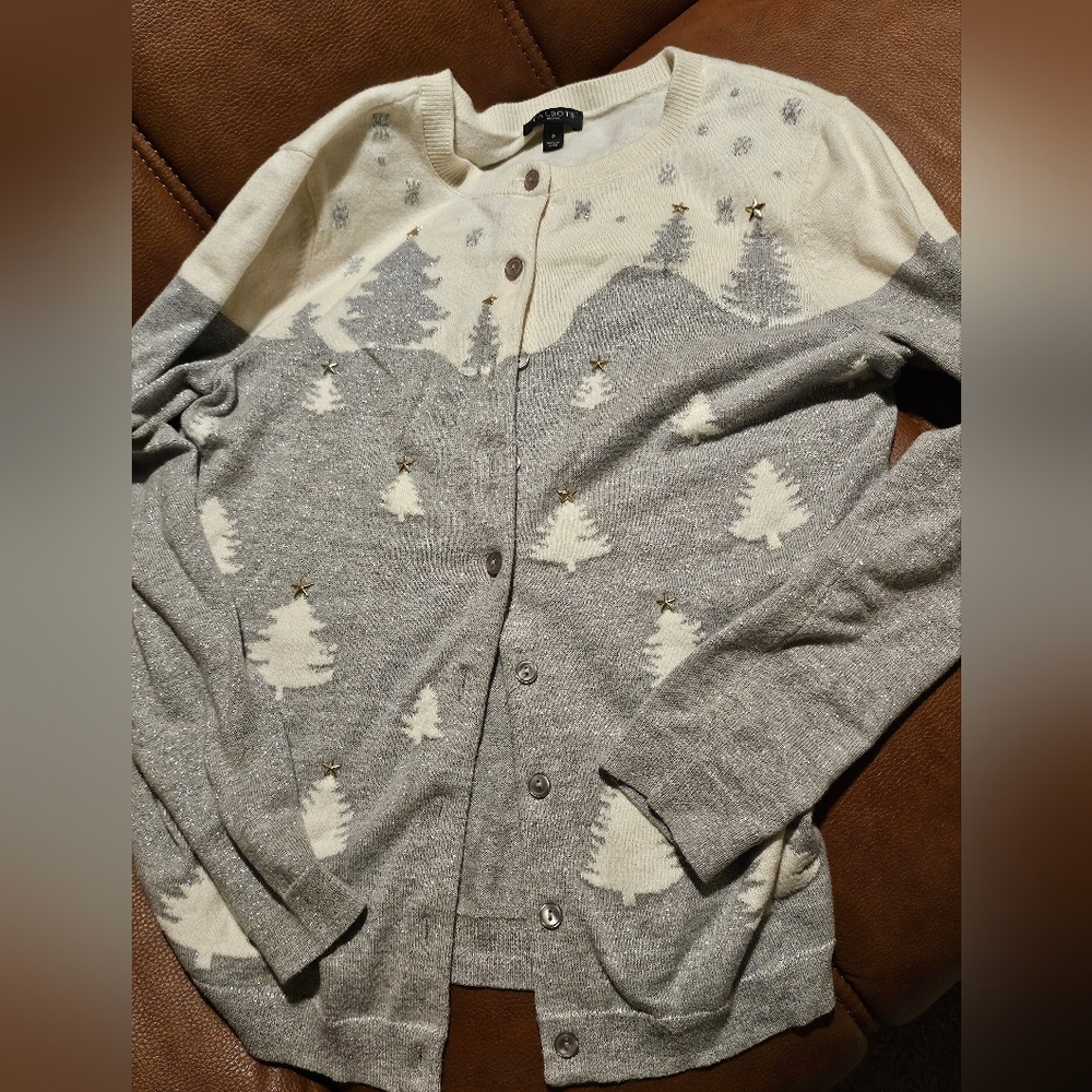 Metallic Embellished Christmas Tree Sweater Sz XS/P Silver Cream Cashmere Blend‎